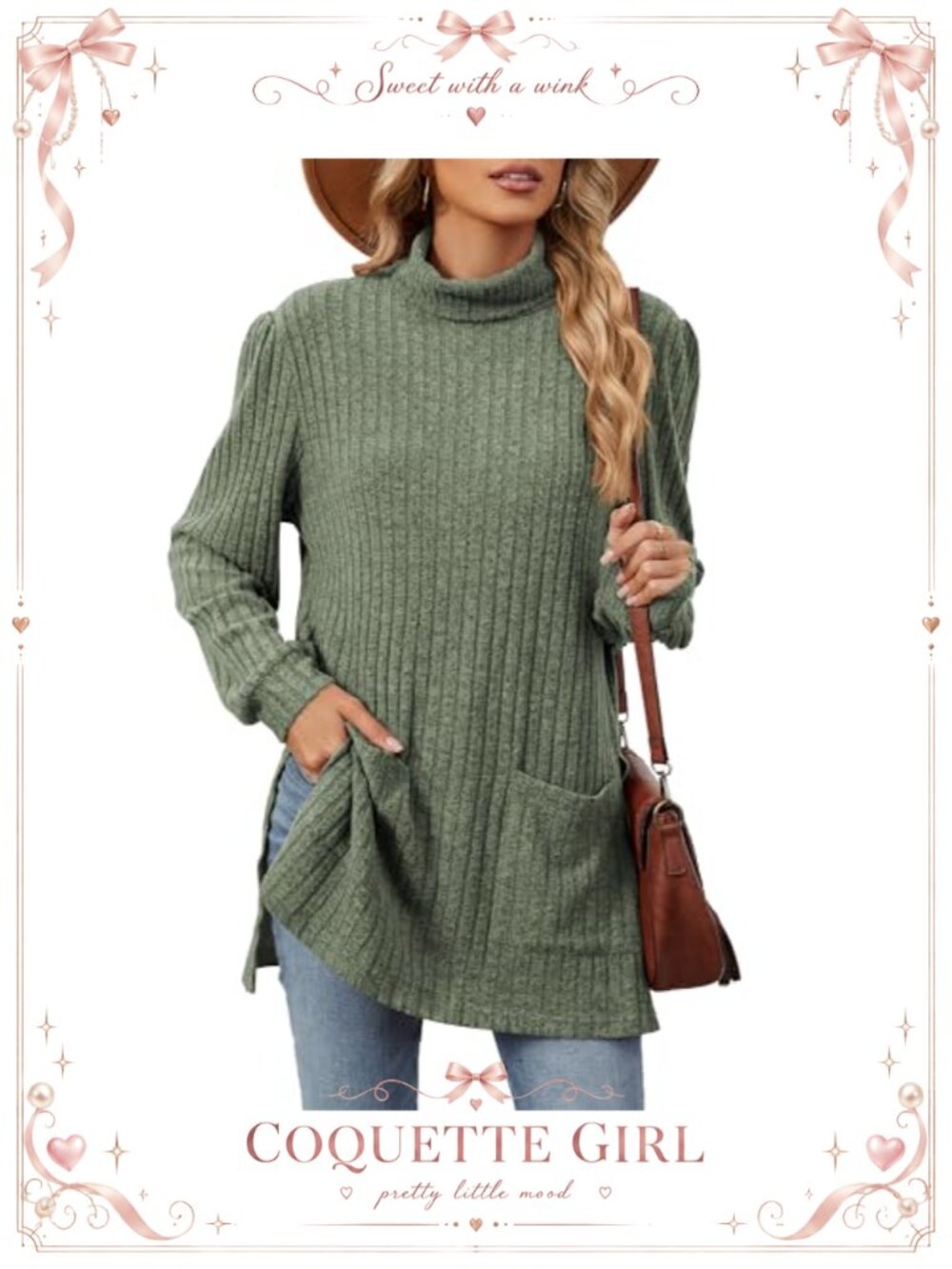 Womens Turtleneck Tunic Sweater Ribbed Side Split Pullover with Pockets